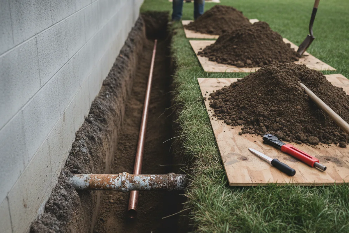 Excavated water line trench during Water Softener Installation in Angelica